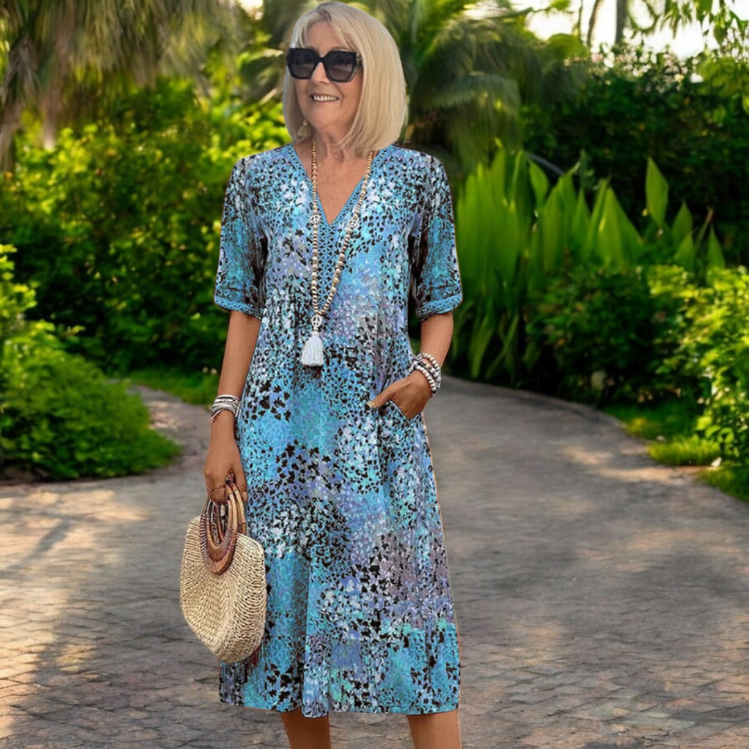 ASHLEY™ – Vestido midi estampado con cuello de pico