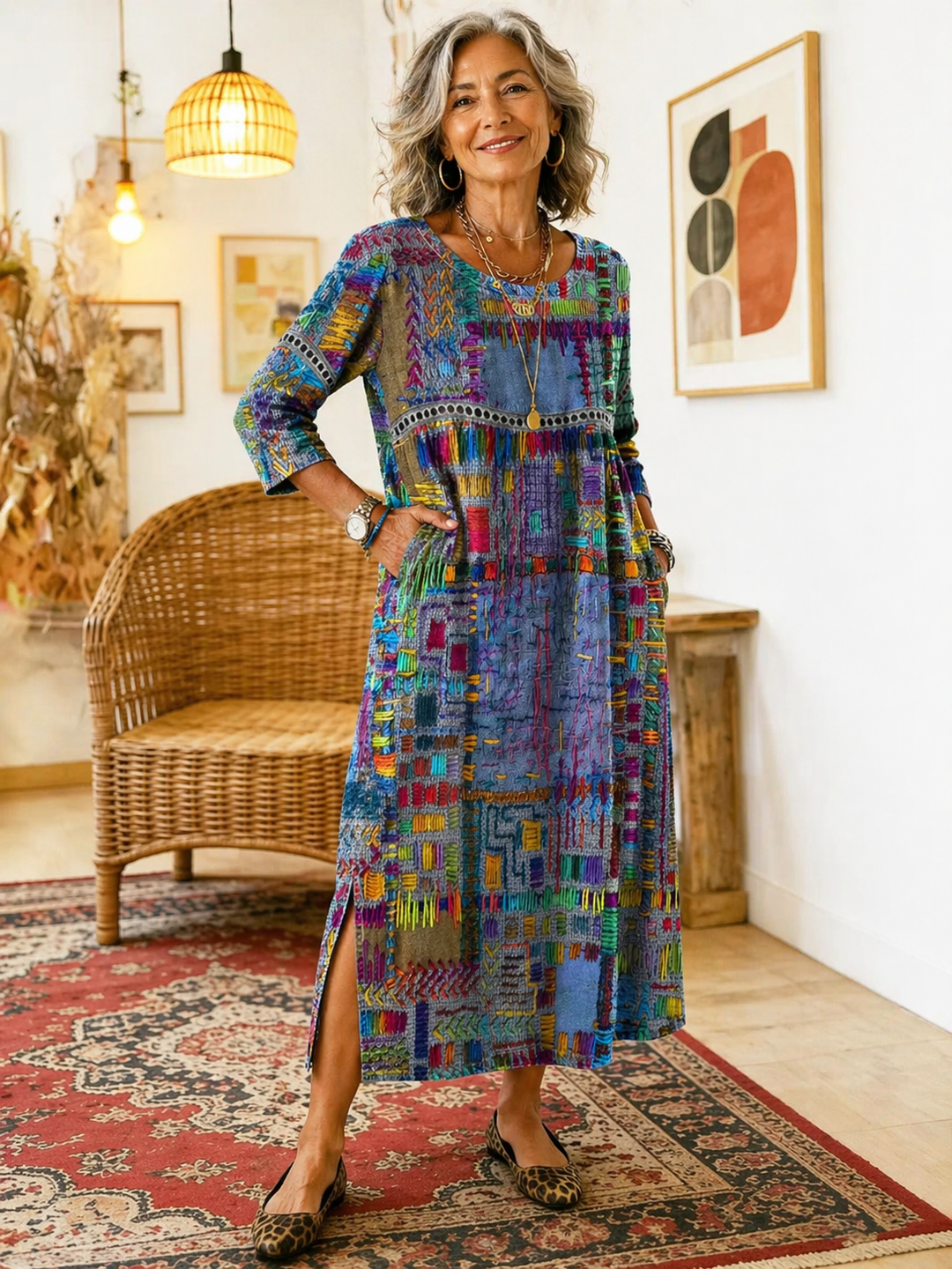 Isabelle | Vestido Vaquero con Patchwork Étnico