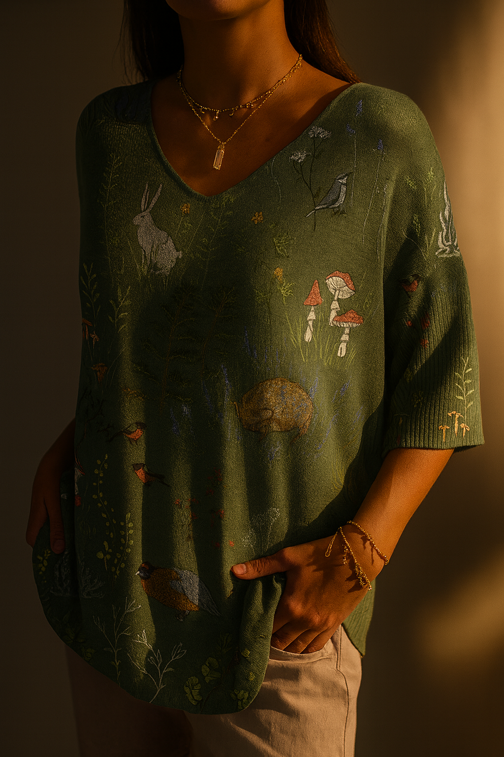 Sudadera casual de punto para mujer con estampado de patrón repetido de animales y bosque