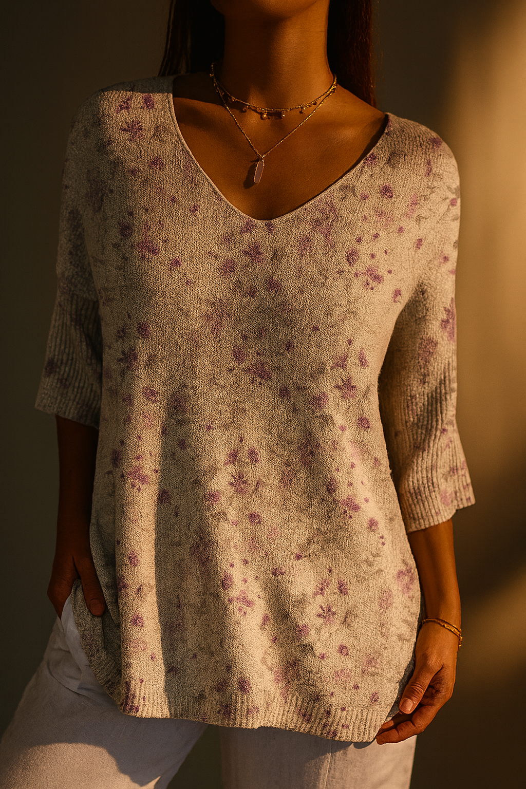 Suéter de punto informal vintage con estampado floral para mujer