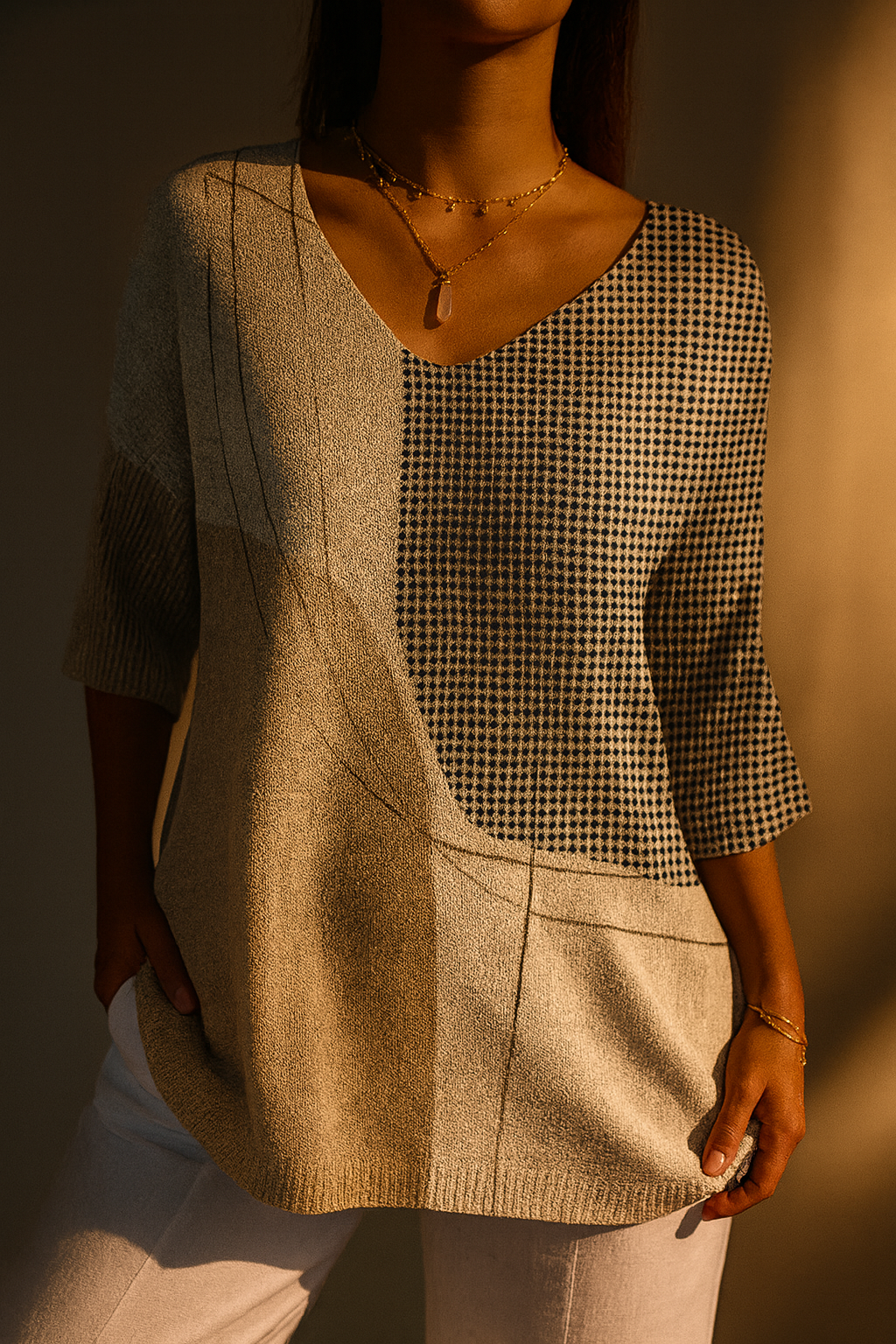 Jersey casual de punto con estampado artístico abstracto geométrico para mujer
