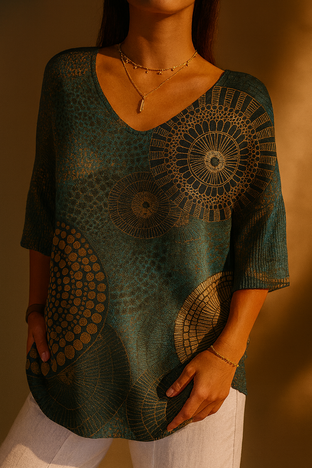 Suéter de punto informal con cuello redondo, estampado tribal y geometría abstracta, estilo vintage, para mujer
