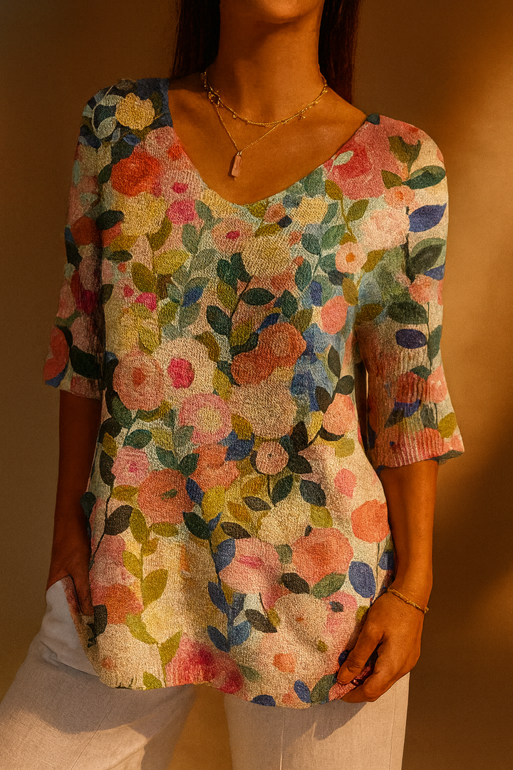 Suéter de punto informal para mujer con estampado floral colorido de jardín primaveral