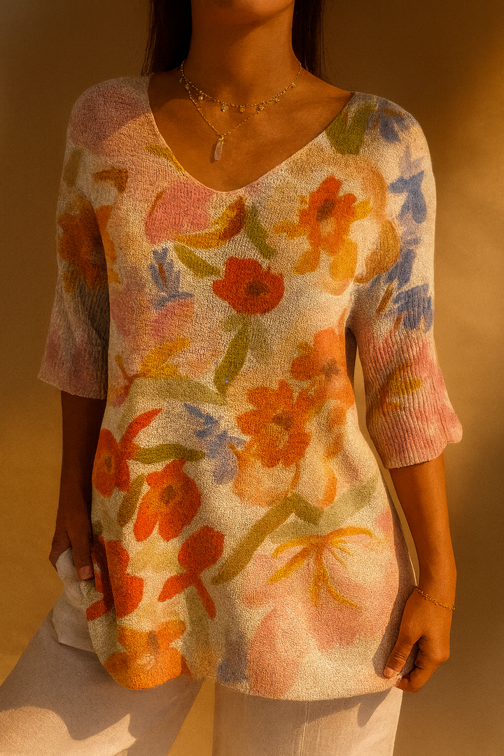 Suéter de punto informal floral artístico vintage para mujer