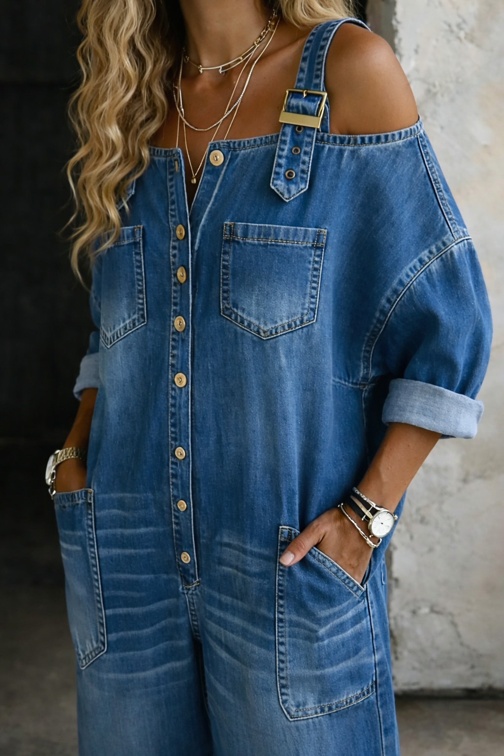 Sophia | Mono Denim con Hombros Descubiertos - Multicolor
