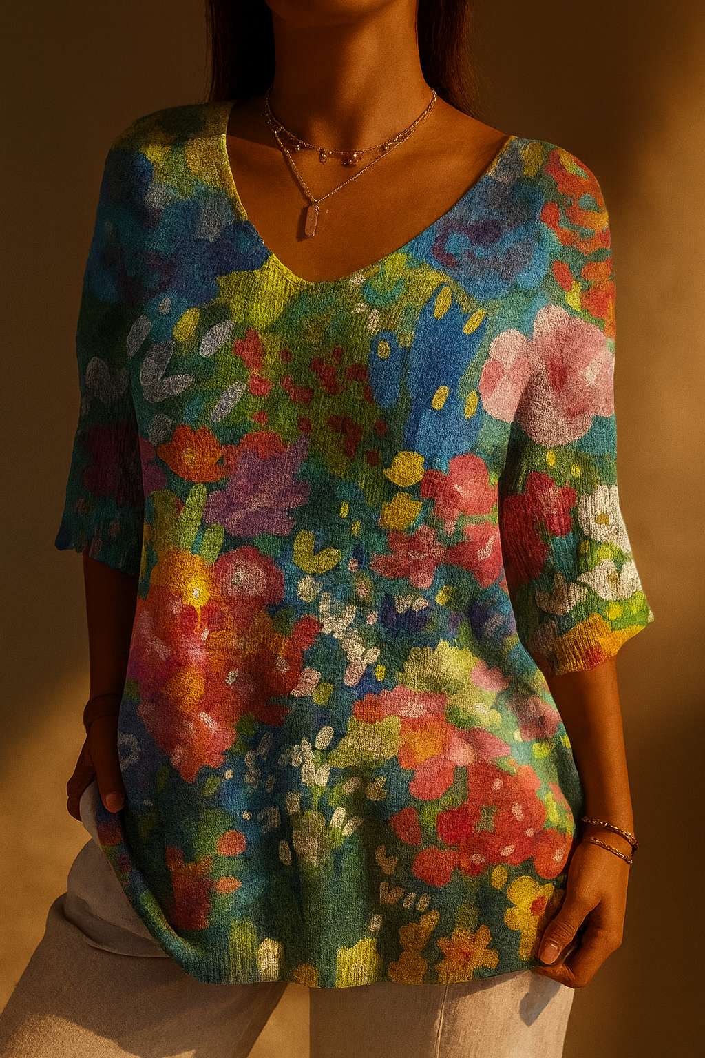 Suéter de punto informal de mujer vintage con bonito estampado floral