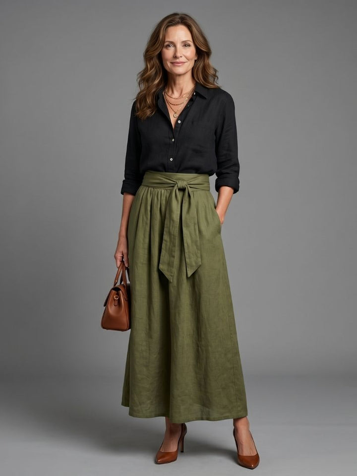 Vera | Conjunto de dos piezas Blusa negra Falda midi verde oliva