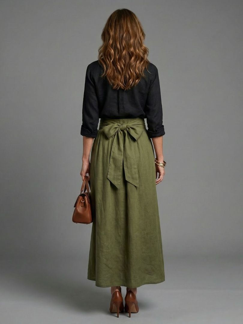 Vera | Conjunto de dos piezas Blusa negra Falda midi verde oliva