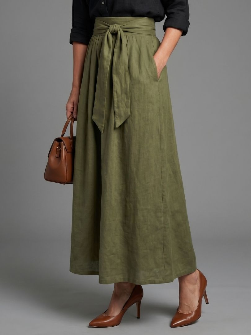 Vera | Conjunto de dos piezas Blusa negra Falda midi verde oliva