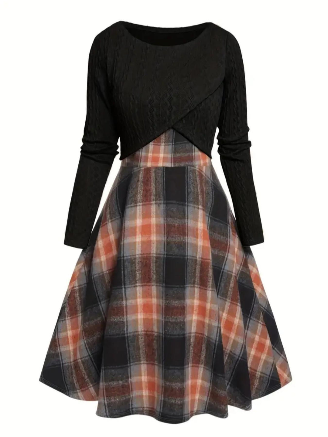 JORY™ - Top corto de manga larga con cuello redondo y vestido de cuadros de estilo vintage