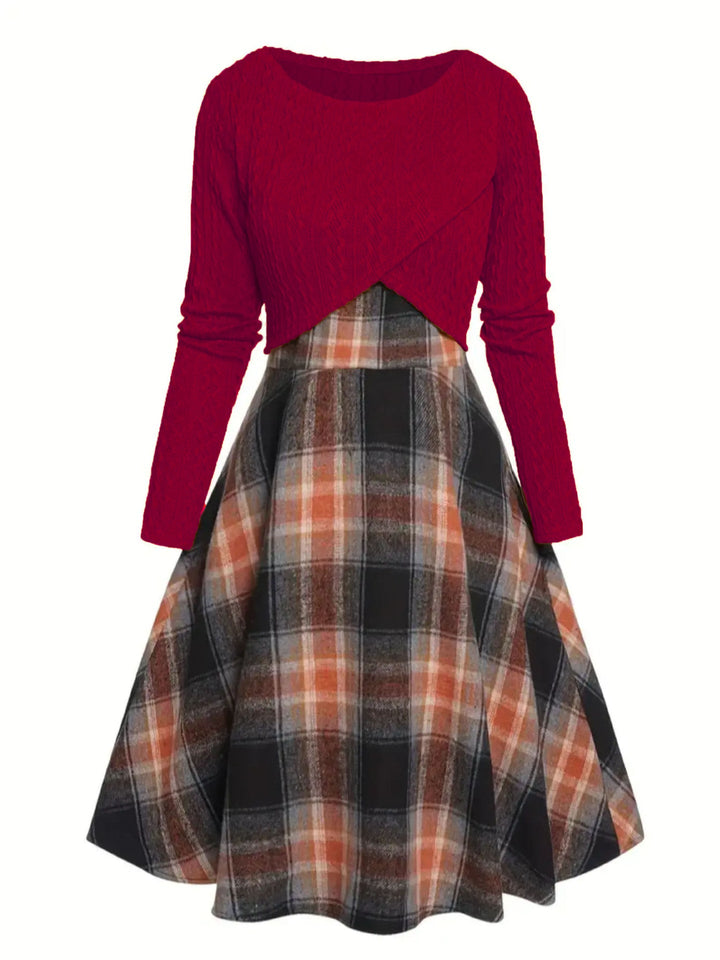 JORY™ - Top corto de manga larga con cuello redondo y vestido de cuadros de estilo vintage
