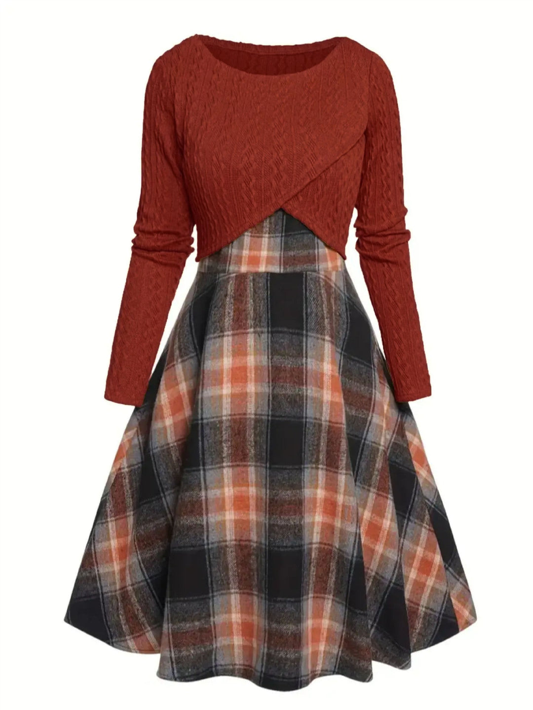 JORY™ - Top corto de manga larga con cuello redondo y vestido de cuadros de estilo vintage