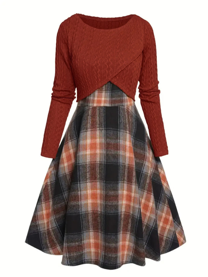 JORY™ - Top corto de manga larga con cuello redondo y vestido de cuadros de estilo vintage
