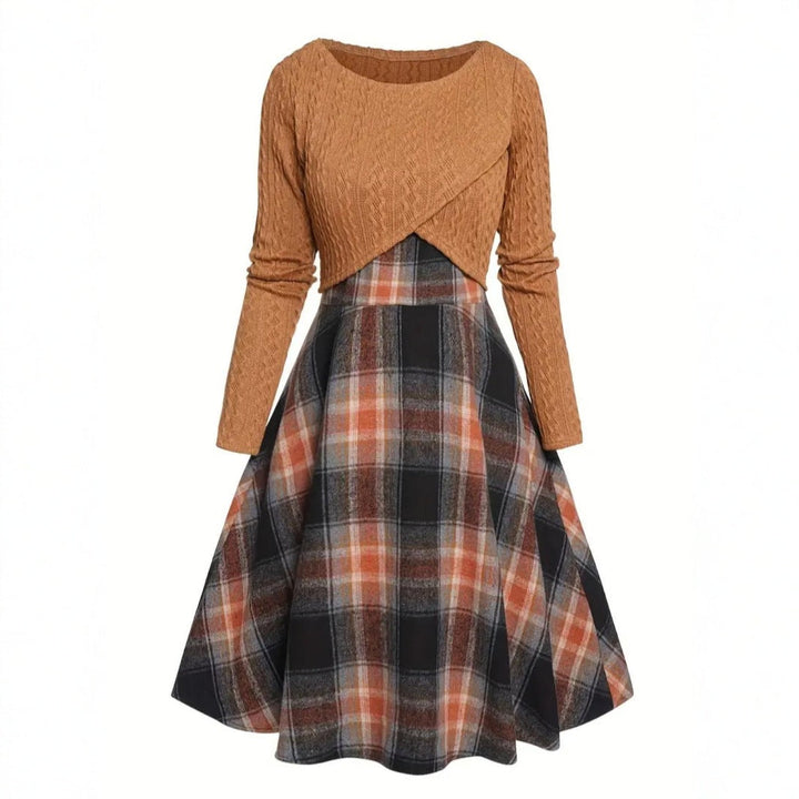 JORY™ - Top corto de manga larga con cuello redondo y vestido de cuadros de estilo vintage
