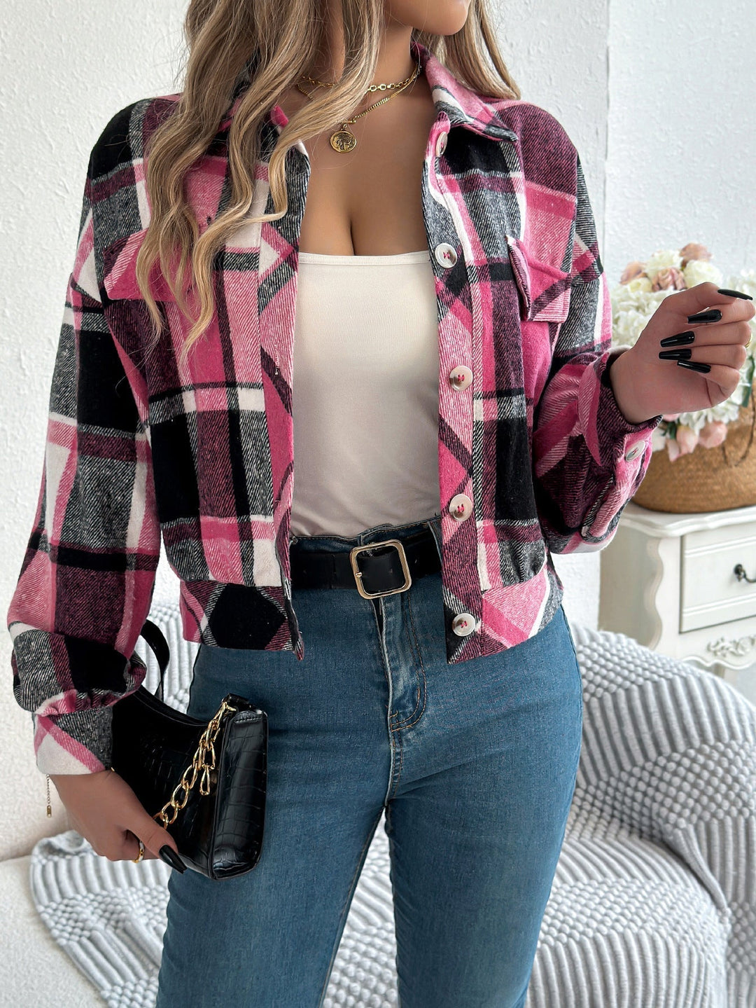 COVA™ - Chaqueta de manga larga con botones y cuadros informales