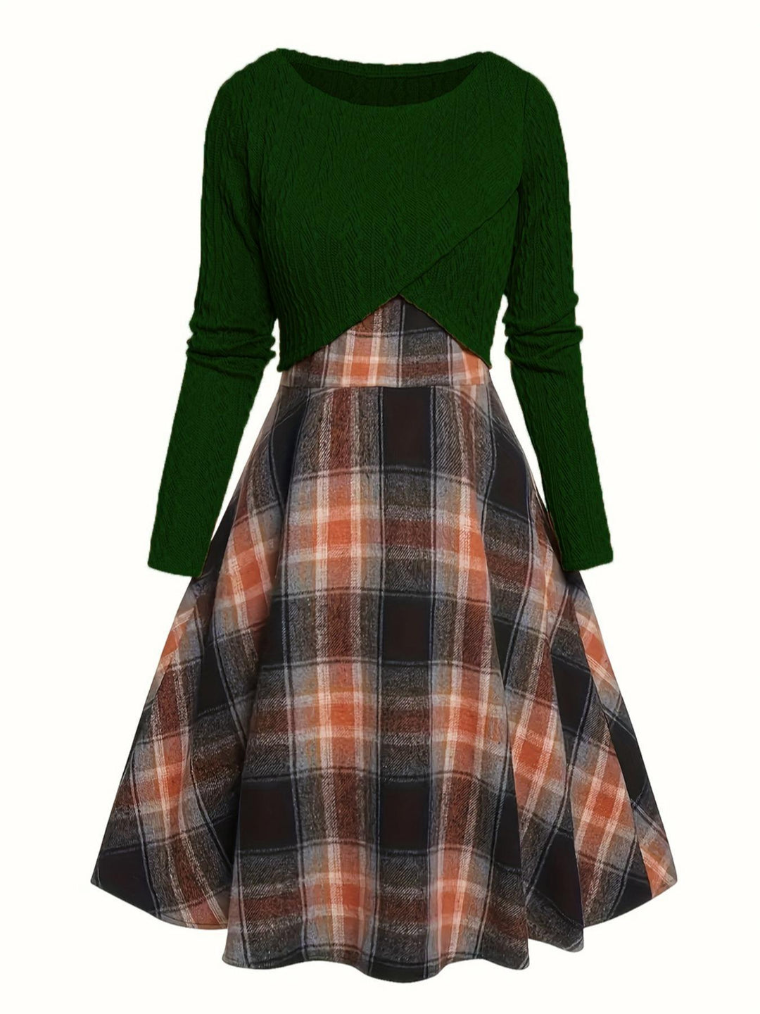 JORY™ - Top corto de manga larga con cuello redondo y vestido de cuadros de estilo vintage