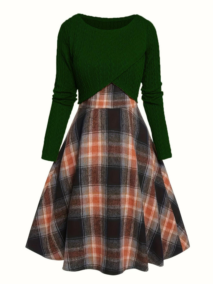 JORY™ - Top corto de manga larga con cuello redondo y vestido de cuadros de estilo vintage