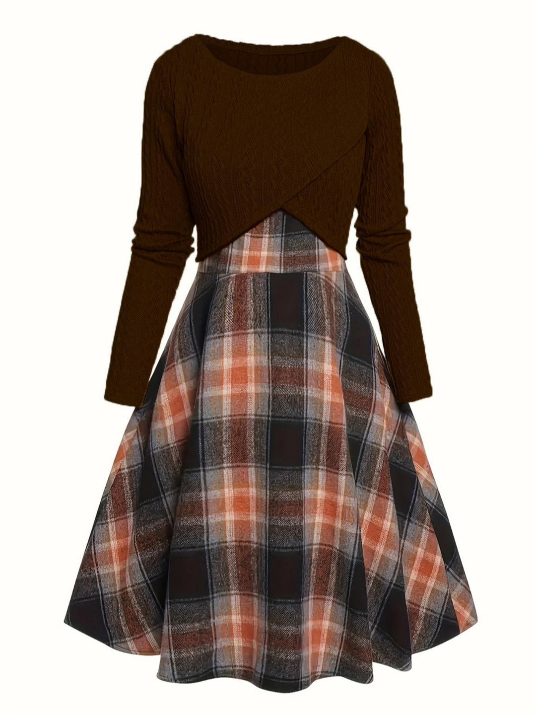 JORY™ - Top corto de manga larga con cuello redondo y vestido de cuadros de estilo vintage