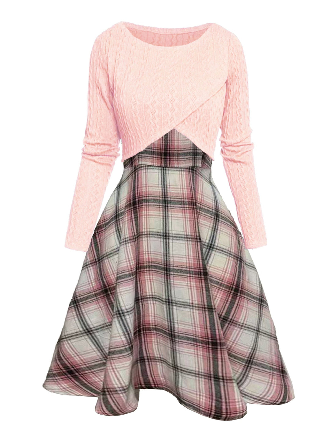 JORY™ - Top corto de manga larga con cuello redondo y vestido de cuadros de estilo vintage