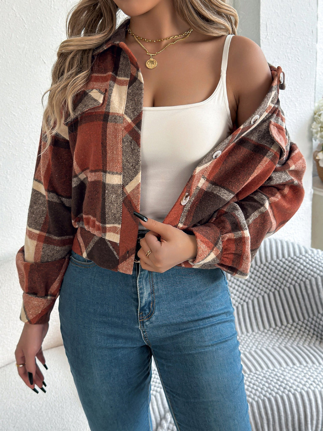 COVA™ - Chaqueta de manga larga con botones y cuadros informales
