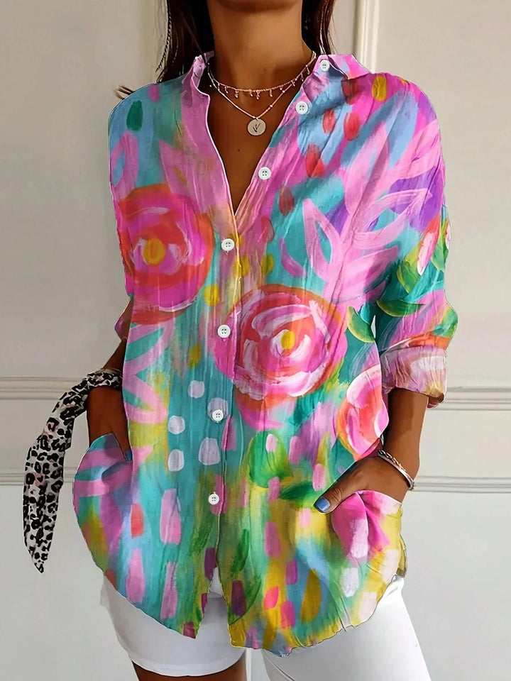 Camisa elegante de manga larga con estampado de colores