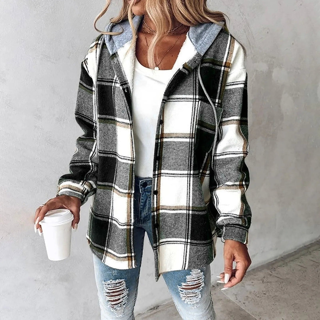 PAIGE™ - Chaqueta con capucha, botones y manga larga a cuadros, estilo chic