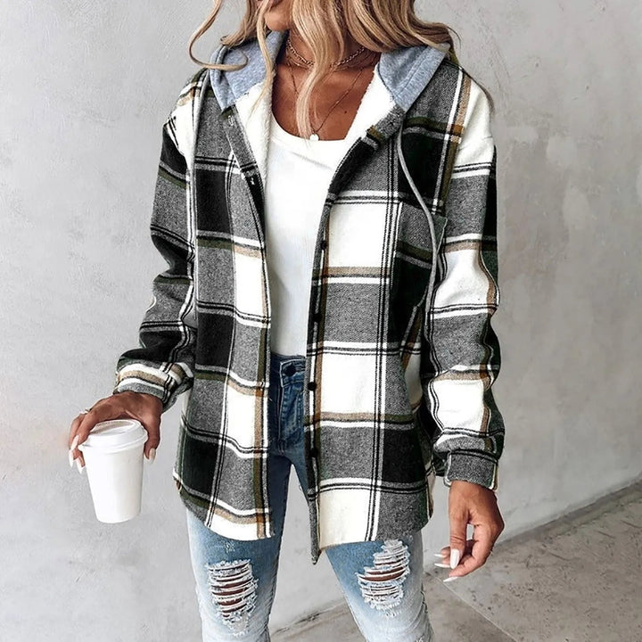 PAIGE™ - Chaqueta con capucha, botones y manga larga a cuadros, estilo chic