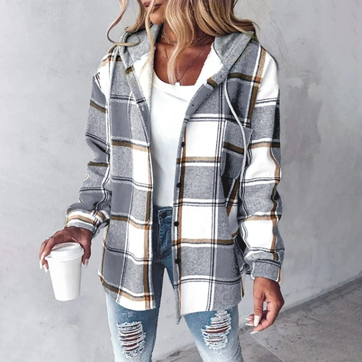 PAIGE™ - Chaqueta con capucha, botones y manga larga a cuadros, estilo chic