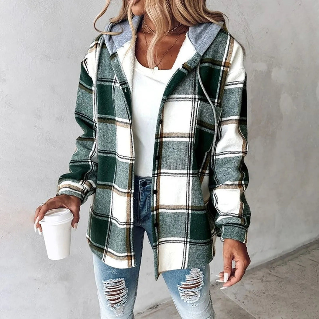 PAIGE™ - Chaqueta con capucha, botones y manga larga a cuadros, estilo chic