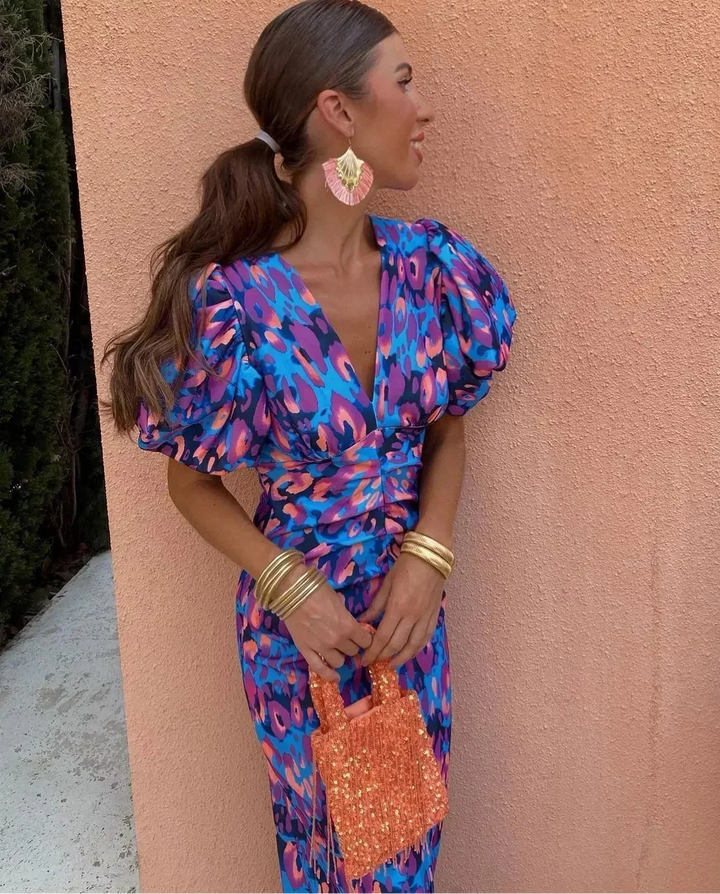 Loren | Vestido Midi Vibrante con Mangas Voluminosas