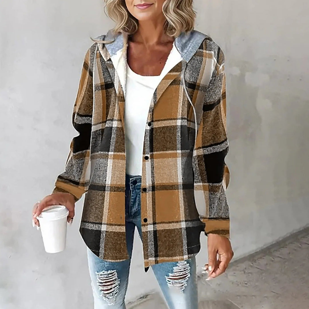 PAIGE™ - Chaqueta con capucha, botones y manga larga a cuadros, estilo chic