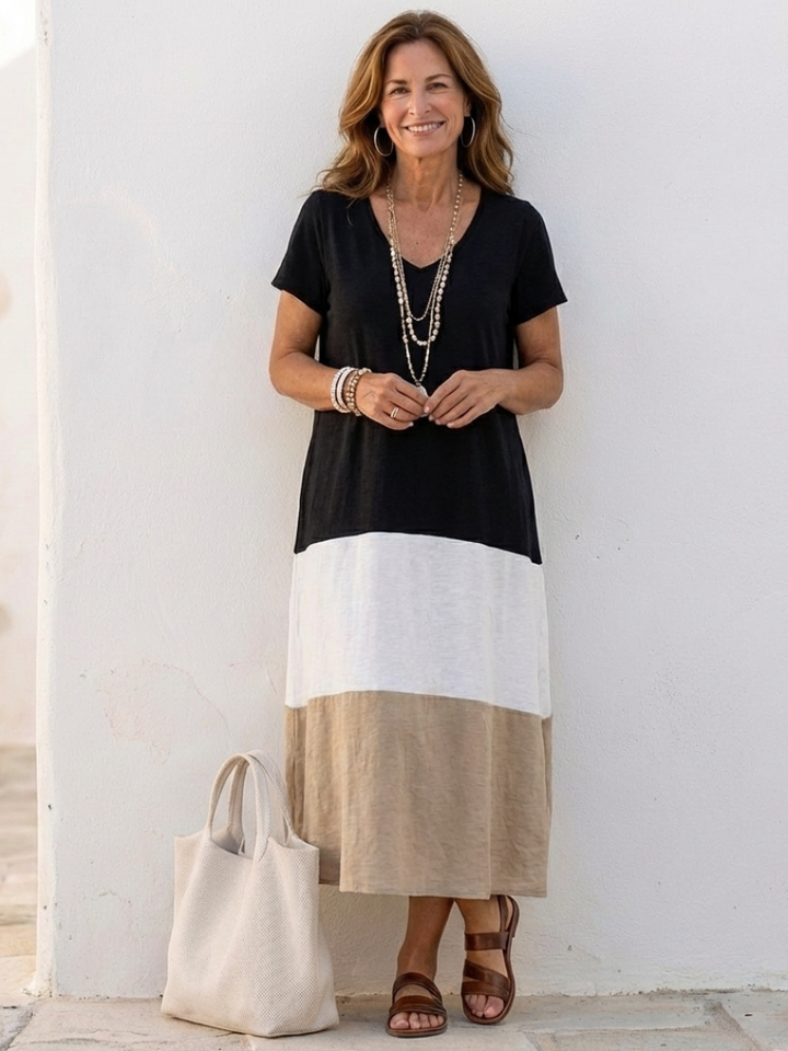 Thalia | Vestido midi de manga corta con bloques de color y cuello en V