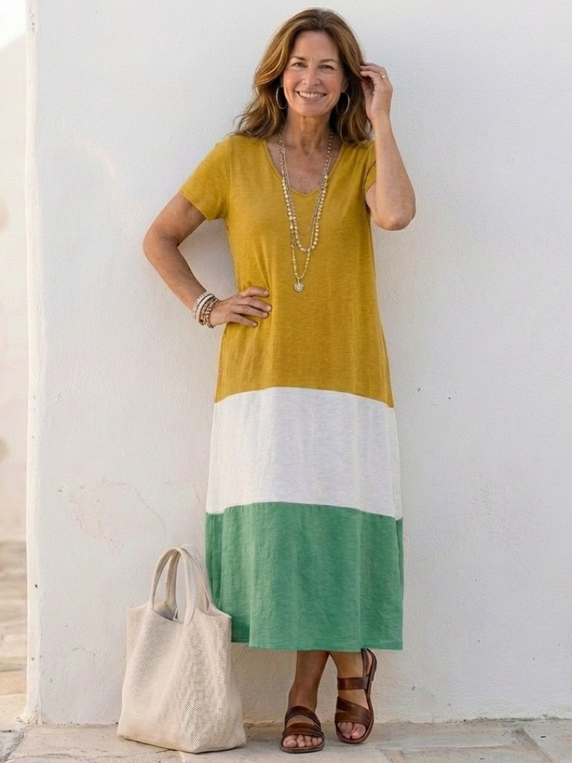Thalia | Vestido midi de manga corta con bloques de color y cuello en V