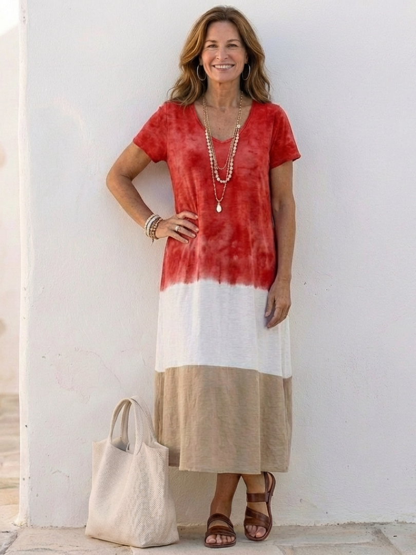 Thalia | Vestido midi de manga corta con bloques de color y cuello en V