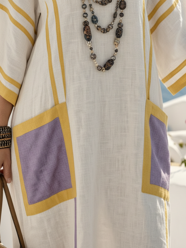 Zafira | Vestido Maxi con Bolsillos y Manga Corta con Cuello de Pico