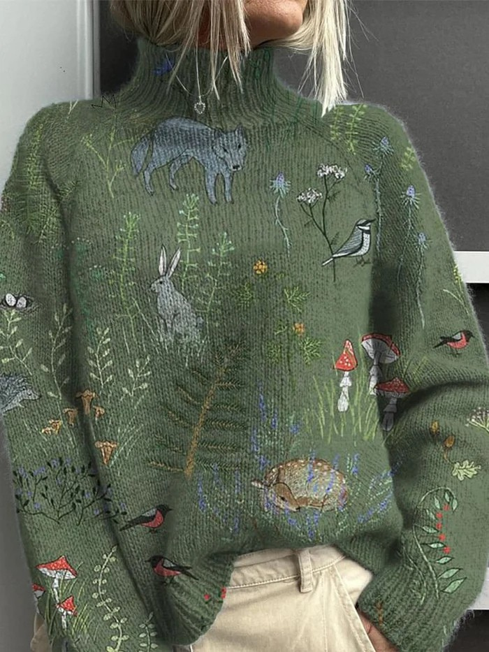 Jersey de cuello alto con estampado de patrón de animales y bosque