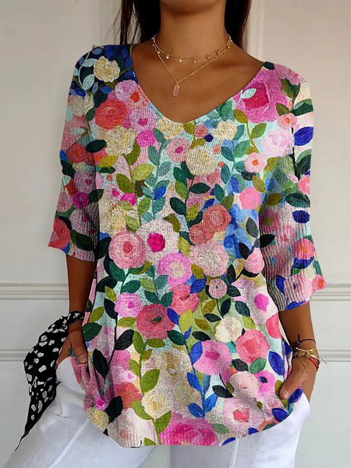 Suéter de punto informal para mujer con estampado floral colorido de jardín primaveral