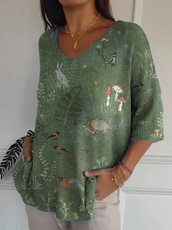 Sudadera casual de punto para mujer con estampado de patrón repetido de animales y bosque