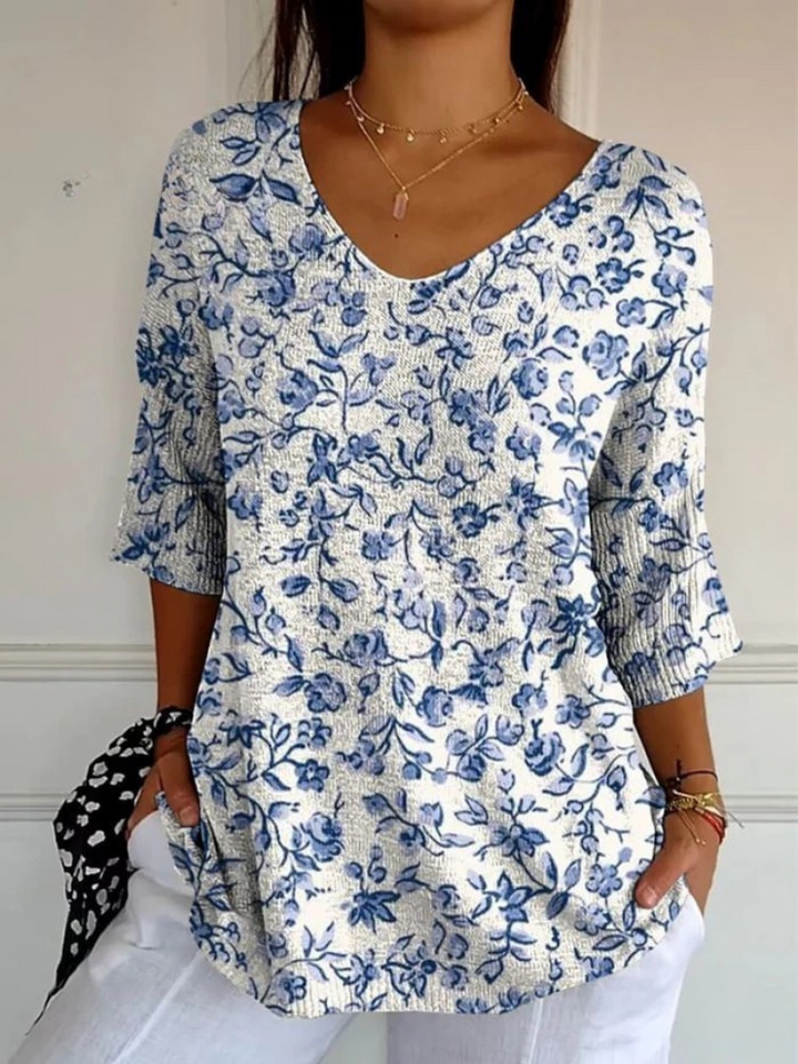 Suéter informal de punto con estampado de flores azules pequeñas para mujer