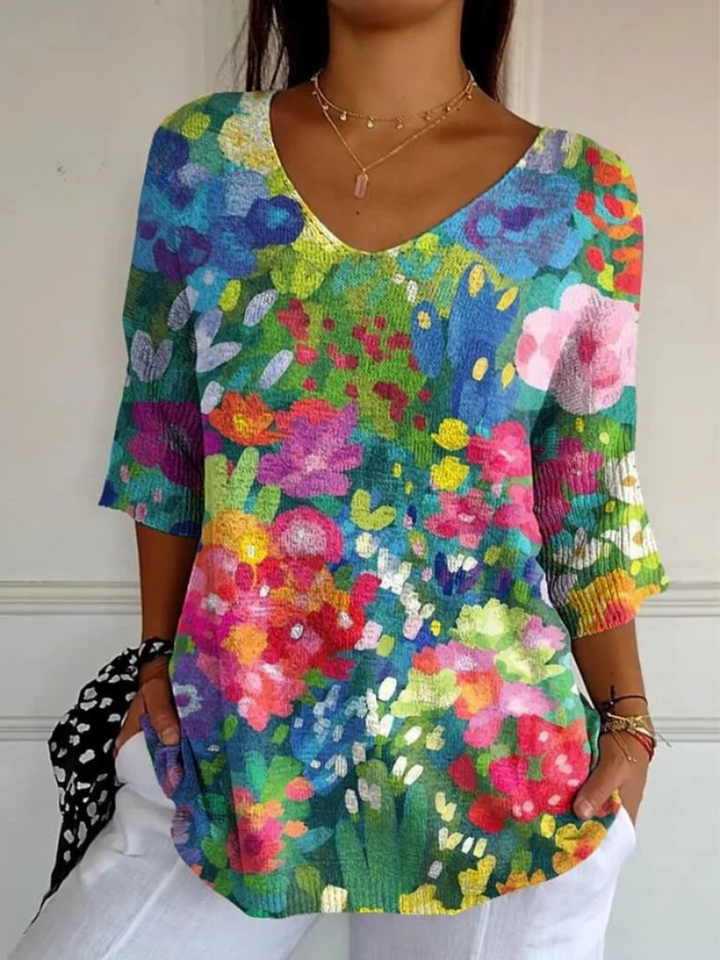 Suéter de punto informal de mujer vintage con bonito estampado floral
