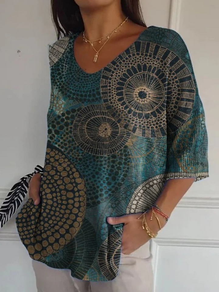 Suéter de punto informal con cuello redondo, estampado tribal y geometría abstracta, estilo vintage, para mujer