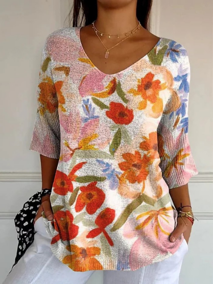 Suéter de punto informal floral artístico vintage para mujer