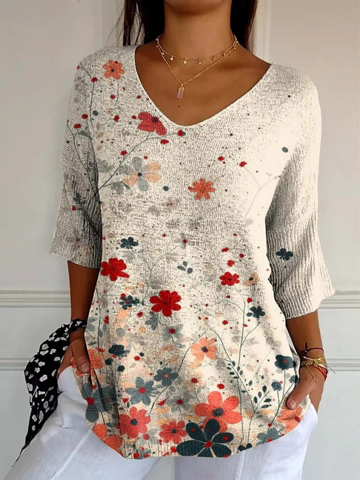 Suéter casual de punto con estampado floral vintage para mujer