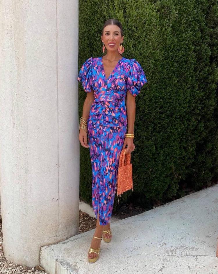 Loren | Vestido Midi Vibrante con Mangas Voluminosas