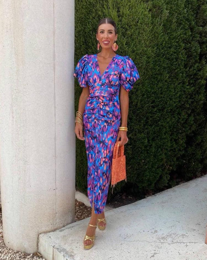 Loren | Vestido Midi Vibrante con Mangas Voluminosas