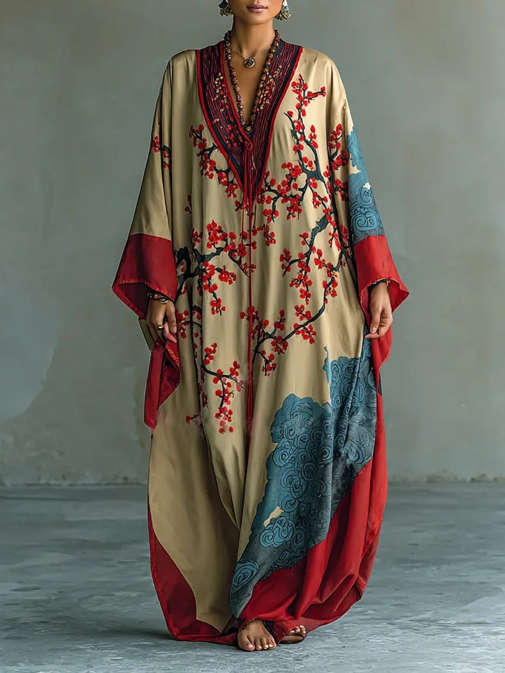 Maxivestido de ciruelo japonés con estampado y mangas murciélago