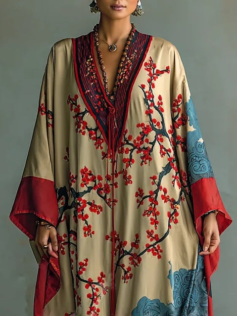 Maxivestido de ciruelo japonés con estampado y mangas murciélago
