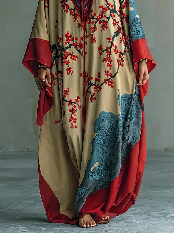 Maxivestido de ciruelo japonés con estampado y mangas murciélago