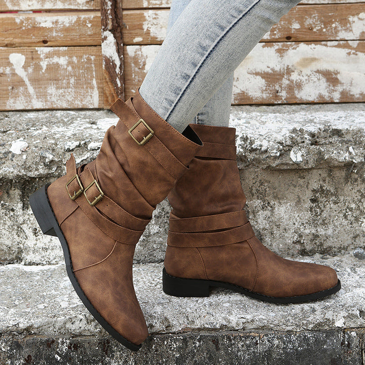 Nettie - Botas Retro de Cuero para Otoño-Invierno