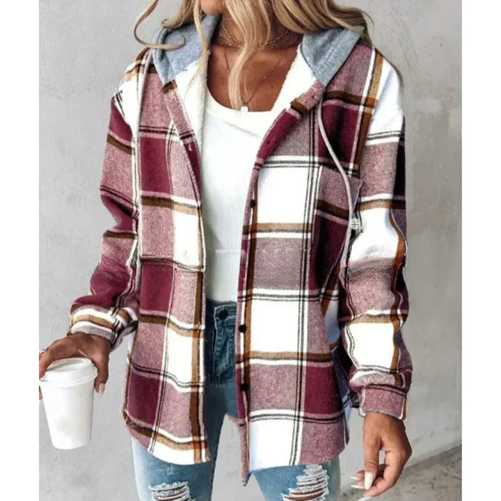 PAIGE™ - Chaqueta con capucha, botones y manga larga a cuadros, estilo chic